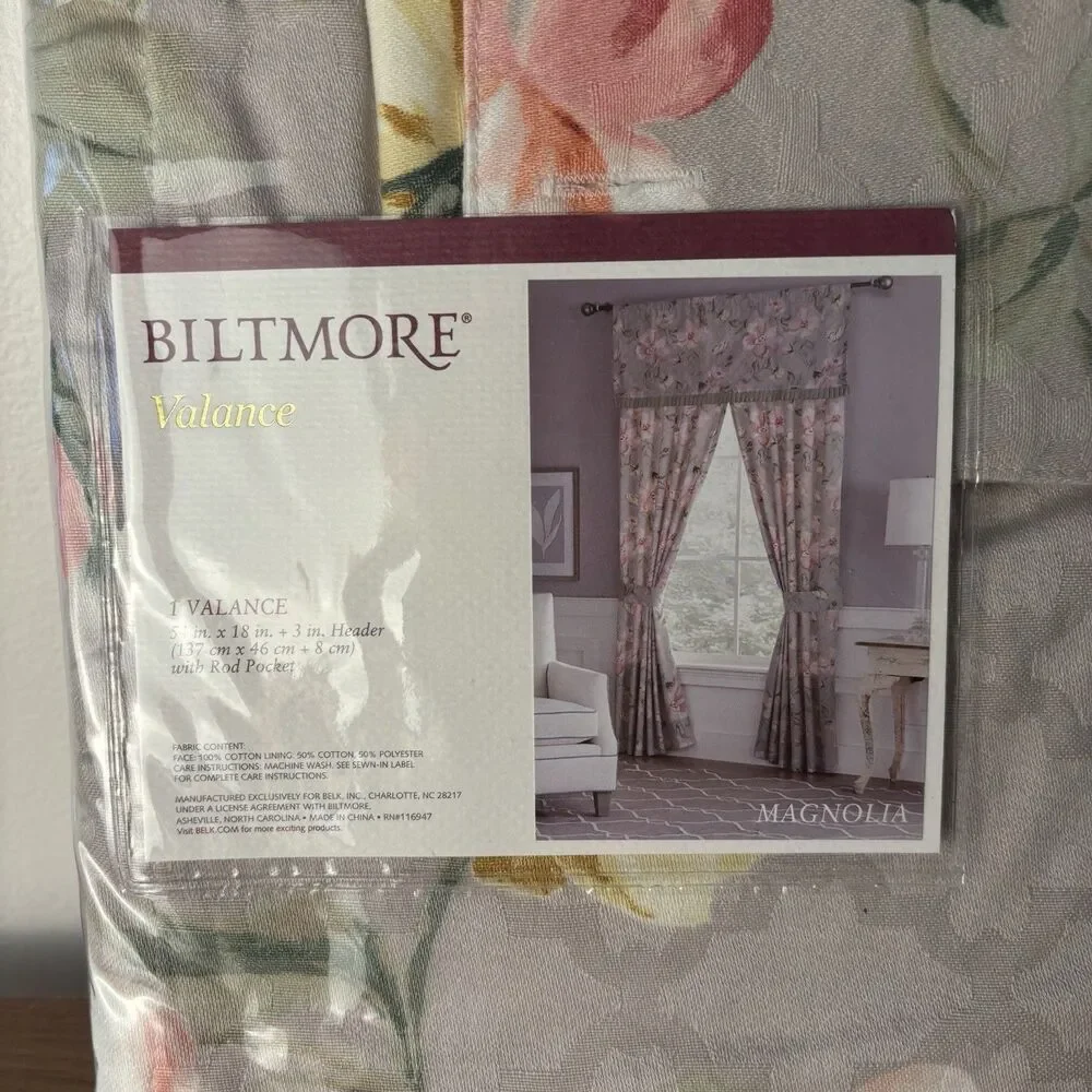 New Biltmore Magnolia Grey Pink Green Floral Valance 54